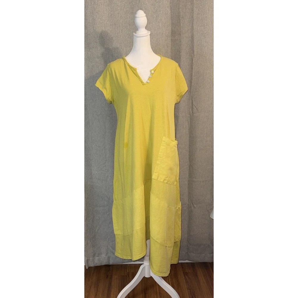 Made In Italy Midi Dress Women's Size Medium Citrine Yellow Mixed Media Boho‎